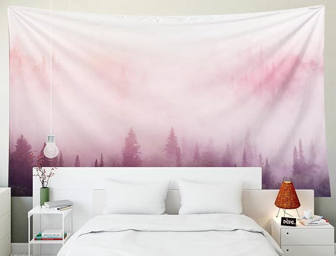 EMMTEEY Misty Forest Wall Tapestry, 80x60in, Pink Tapestry for Bedroom, Dorm, Living Room Decor
