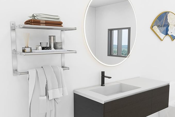 Towel Shelf for Bathroom Wall Mounted, 3-Tier Hotel Style Towel Rack with Towel Bars, Brushed Nickel Towel Racks for Bathroom Lavatory, 16 Inch