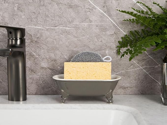 6.5" Ceramic Mini Decorative Clawfoot Bathtub Bar Soap Dish, Kitchen Sponge Holder and Shower Tray for Bathroom, 1 Pack(Stone Gray)