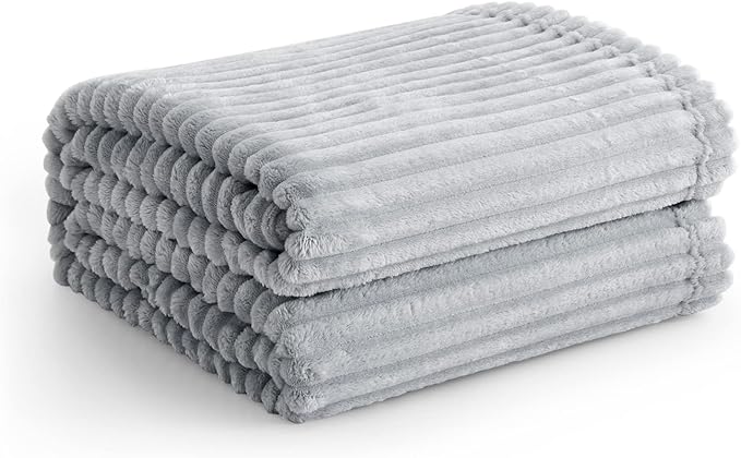 Vessia Flannel Fleece Light Grey Throw Blanket(50X70 Inch), 300GSM Warm and Soft Comfy Striped Bed Throw, Cozy Microfiber Ribbed Sofa Blanket for All Season