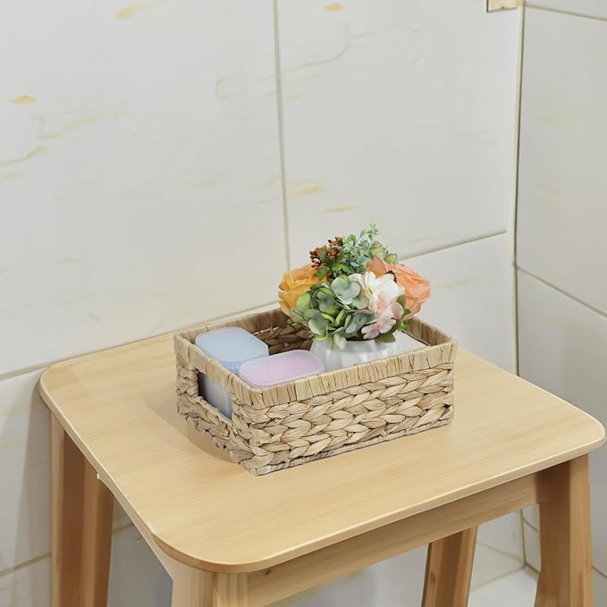 Wicker Baskets, Water Hyacinth Baskets for Organizing, Rattan Woven Basket for Storage, Organizer Bins with Built-in Handles, Storage Basket for Shelves (Small)