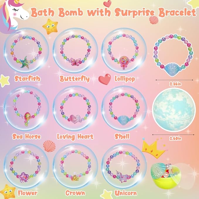 Bath Bombs for Kids Girls, KAV Surprise Bracelet Inside 9 Pcs Natural Organic Fizzy Unicorn Bathbombs, Princess Fun Bubble Kit Bath Bomb, Easter Basket Stuffers Girls, Multicolor