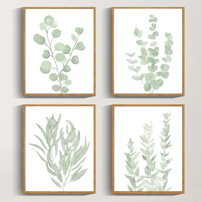 Drsoum Framed Botanical Plant Canvas Wood Wall Art Light Green Sage Wall Decor Eucalyptus Leaf Picture for Bedroom Living Room Bathroom Office 8βx 10β x 4pcs