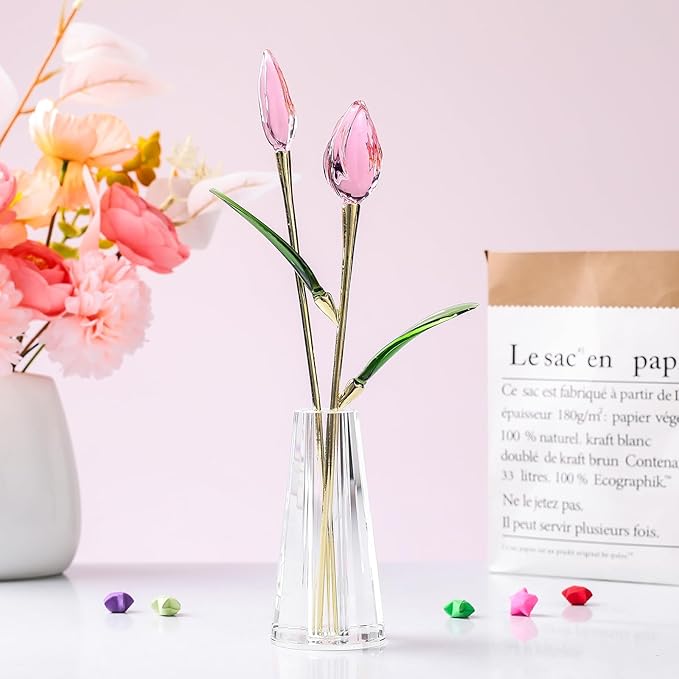 LONGWIN Crystal Tulips Flower Figurine Collectible with Vase Glass Spring Bouquet Flowers with Stem Home Decor Gift for Women Mom