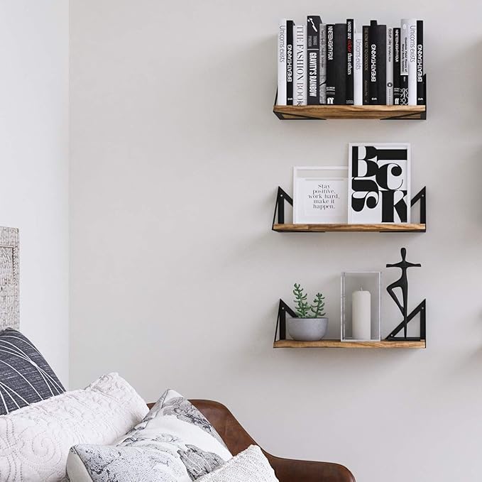 Wallniture Minori Floating Shelves Set of 3, Small Bookshelf Unit for Living Room, Office, and Bedroom, Natural Burned Rustic Wood Wall Decor with Metal Floating Shelf Bracket 6D x 17W x 5.5H in