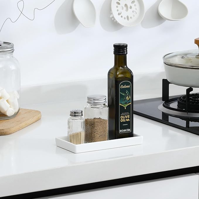 Luxspire Bathroom Vanity Tray, Mini Soap Dispenser, Small Ceramic Perfume and Jewelry Dish, Trinket Holder, Rectangle Candle Tray, Bath Organizer Kitchen Sink Narrow Dish, White