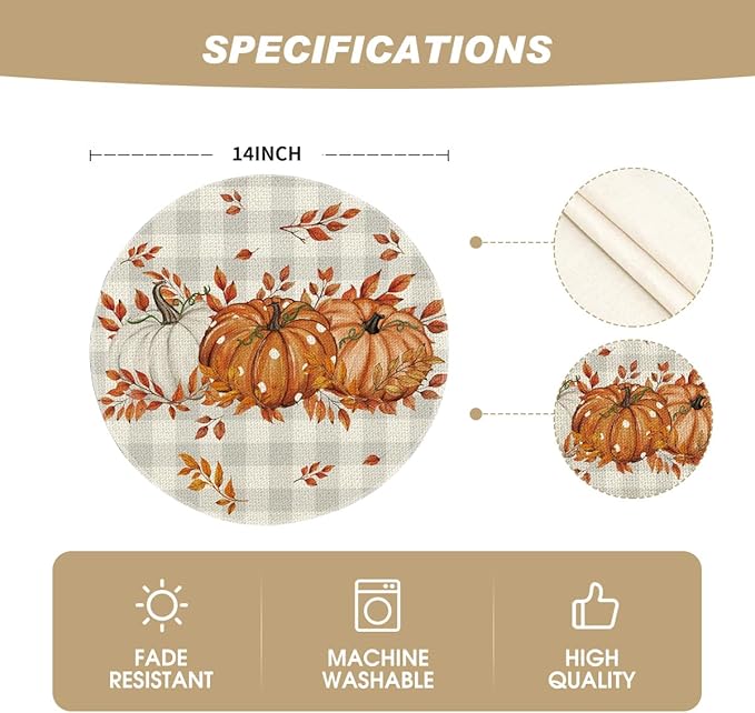 Artoid Mode Beige Buffalo Plaid Polka Dot Pumpkins Leaves Fall Placemats Set of 4, 14 Inch Round Table Mats for Dining Decoration