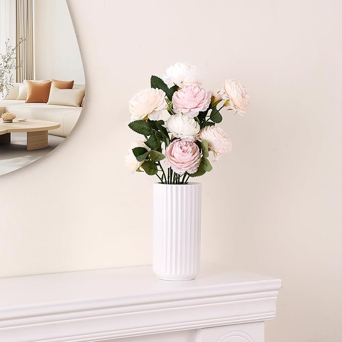 White Ceramic Vase for Flowers, Modern White Vase for Home Decor, Tall Ribbed Vase for Living Room, Office, Mantel, Bookshelf, Dining Table, 8 inches
