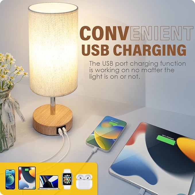 Yarra-Decor Bedside Lamps with USB Port - Touch Control Table Lamp for Bedroom Wood 3 Way Dimmable Nightstand Lamp Set of 2 with Round Flaxen Fabric Shade for Living Room, Dorm, Home Office (2 Pack)
