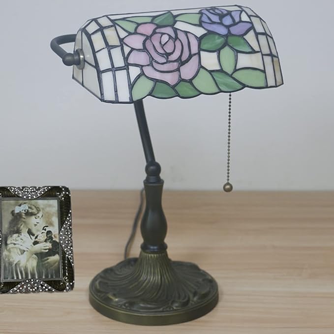 Tiffany Style Bankers Table Lamp Stained Glass Piano Desk Lamp Vintage Bedroom Bedside Lamp for Study,Antique Alloy Base,Zipper Switch,Rose c