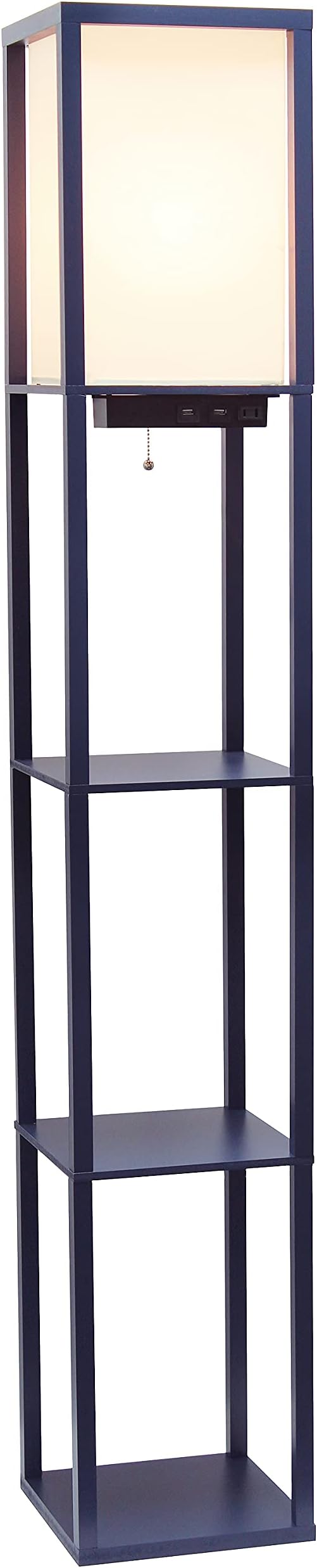 Simple Designs LF1037-NAV Floor Lamp Etagere Organizer Storage Shelf with 2 USB Charging Ports, 1 Charging Outlet and Linen Shade, Navy Blue