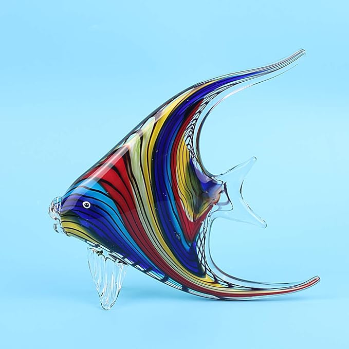 Hophen Art Glass Crystal Tropical Angel Swallow Fish Blown Handmade Sea Animal Figurine Sculpture Home Decor Collectible Statue Paper Weight Gift Ornament (Rainbow)