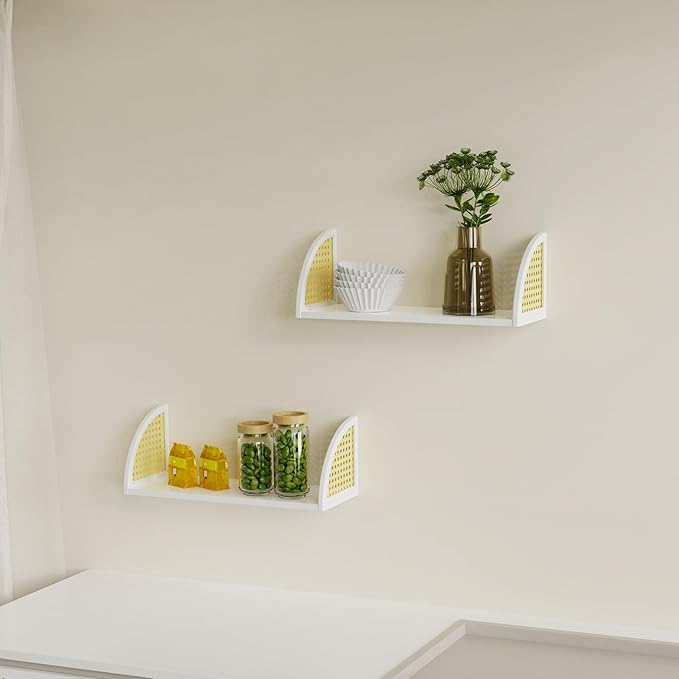Rattan Wall Shelf 16inch Floating Shelves Rustic Wood Wall Mounted Storage Shelves for Living Room Bathroom Kitchen Boho Wall Decor,White