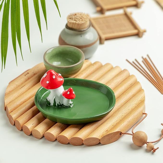 Cute Mushroom Incense Holder with 30 Incense Sticks, Handmade Resin Burner, Nature Theme Incense Tray, Adorable Home Decoration Accessories(Green)