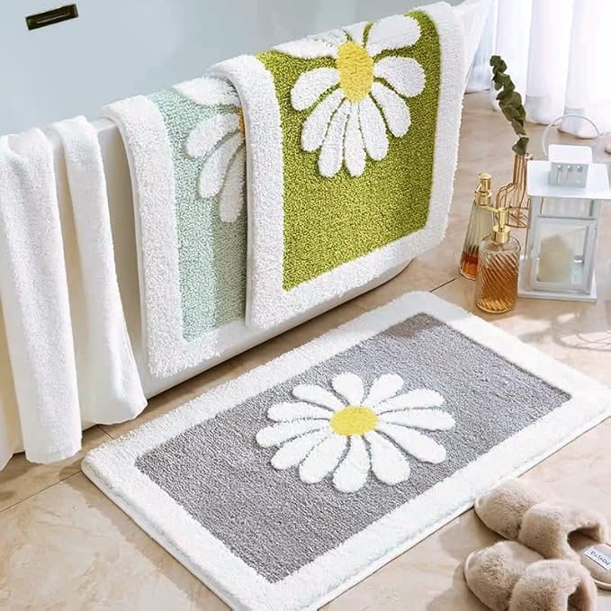 Bathroom Rugs Mat, White Flower Bath Rugs Fluffy Soft Superfine Fiber Rugs Non Slip Bath Mat Machine Wash Plush Mats,Bathroom Rug for Bathroom Shower Room (24x48, Gray)
