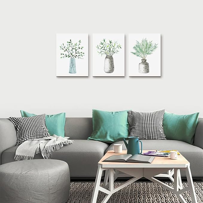 AHUASJART Canvas Wall Art Paintings For Kitchen Dining Room Family Wall Decor For Bedroom Wall Decoration For Living Room Office Decor Green Leaf Vase Wall Pictures Artwork For Home Walls 3 Piece