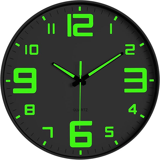 JoFomp Modern Night Light Wall Clock, 12 inch Silent Non-Ticking Clock with Glow in The Dark Function, Battery Operate Lighted Wall Clock for Living Room Kitchen Bedroom Decor (White)