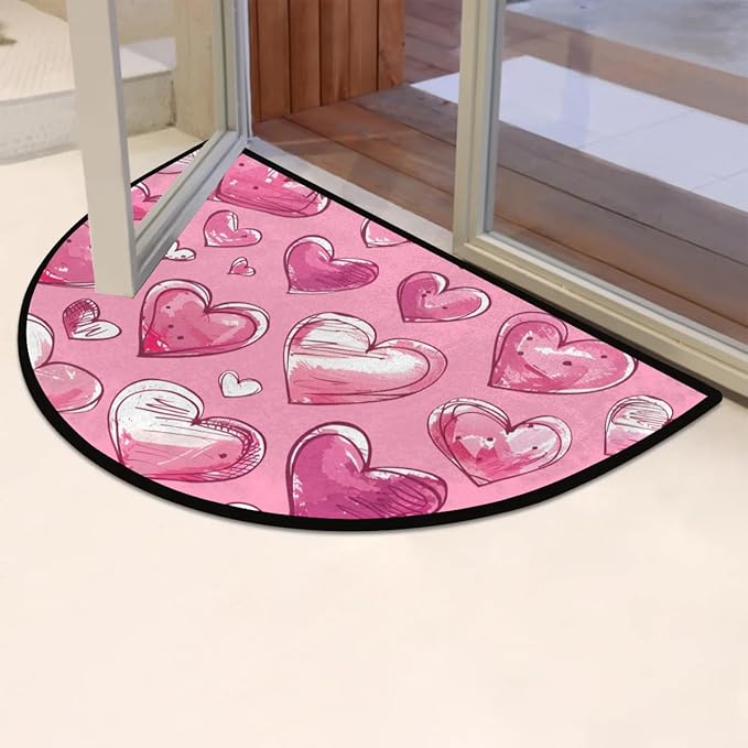 Half Round Doormat Valentine's Day Decorative Rug Half Moon Kitchen Mat Cute Bathroom Rug Washable for Living Room Bedroom Decorative Gift Love Pink