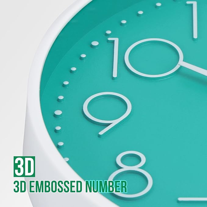 Wall Clock Non-Ticking Silent Modern Simple Style Round Decor Clock Stereoscopic Dial Quartz Wall Clocks for Home/Office/School/Living Room/Bedroom/Kitchen (Turquoise, 8inch)