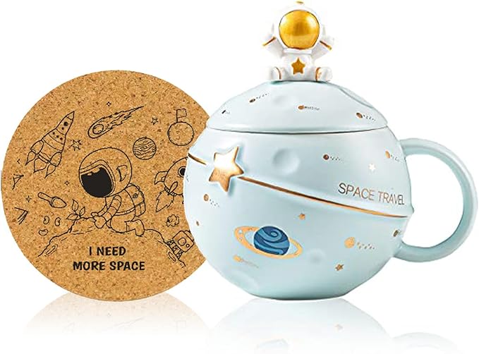 Kawaii Astronaut Cup Space Embossed Planet Mug, Cute Ceramic Coffee Mug, Novelty Mug with Lid and Spoon for Coffee, Tea, Milk, Aesthetic Room Decor Funny Gift for Girl Boy Women (Blue)