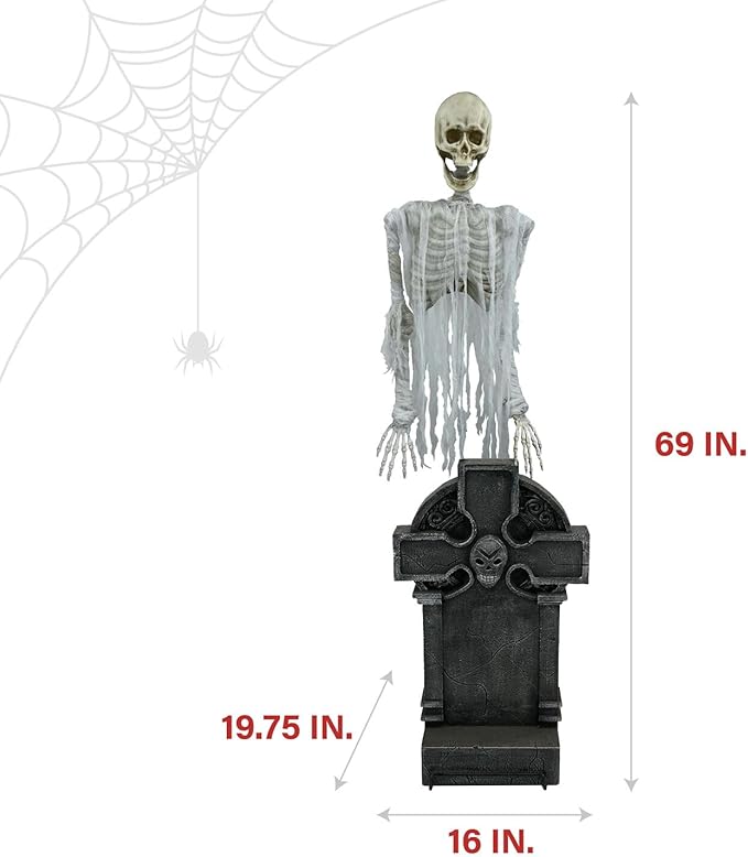 Haunted Hill Farm Motion Activated Floating Skeleton Ghost Over Tombstone by Tekky, Battery Operated Halloween Animatronic for Indoor or Covered Outdoor Creepy Halloween Decorations, Halloween Props