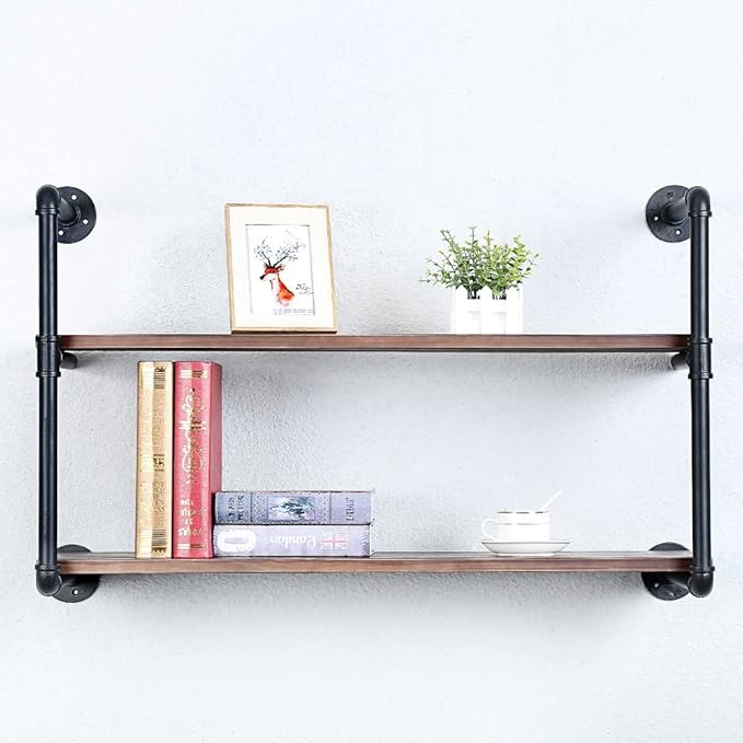 Industrial Pipe Shelving Wall Mounted,36in Rustic Metal Floating Shelves,Steampunk Real Wood Book Shelves,Wall Shelf Unit Bookshelf Hanging Wall Shelves,Farmhouse Kitchen Bar Shelving(2 Tier)