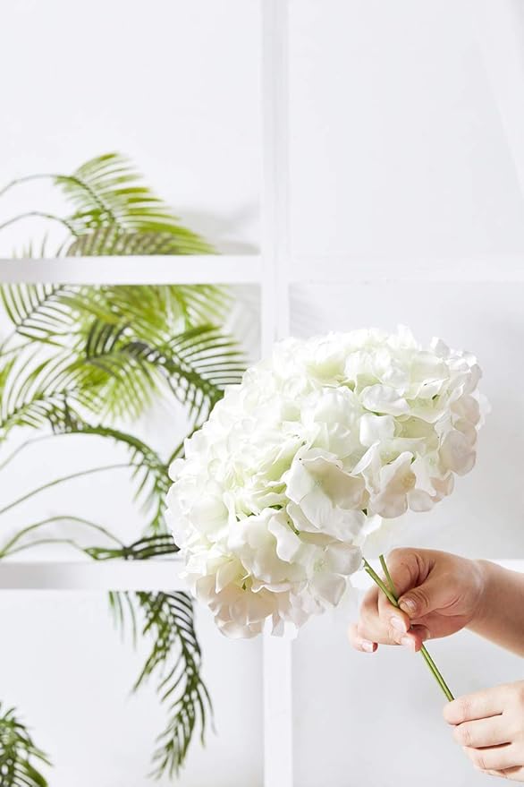 Hydrangea Silk Flower White 10 Heads Artificial Hydrangea Silk Flowers Head for Wedding Centerpieces Bouquets DIY Floral Decor Home Decoration with Long Stems - White