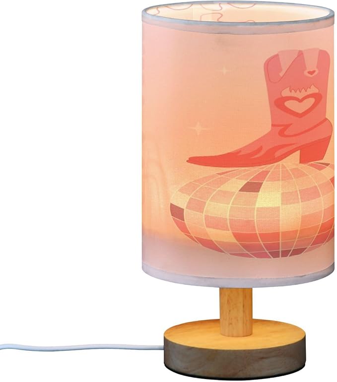 VIGTRO Table Lamp with USB Pink Cowgirl Boots with Disco Ball Bedroom Nightstand Lamps, Retro Wood Base LED Desk Light for Living Room, Office