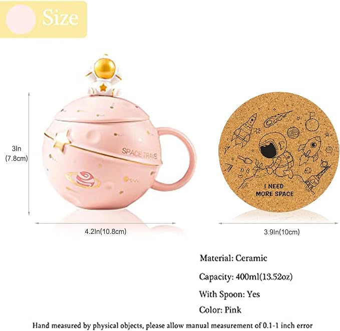 Kawaii Astronaut Cup Space Embossed Planet Mug, Cute Ceramic Coffee Mug, Novelty Mug with Lid and Spoon for Coffee, Tea, Milk, Aesthetic Room Decor Funny Gift for Girl Boy Women((Pink)