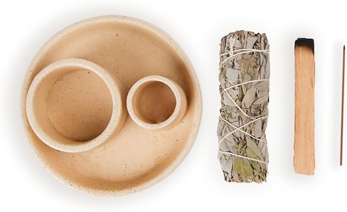 4 in 1 Incense Holder, Ceramic Incense Stick and Palo Santo Holder,Sage Holder for Burning- 4.25" Ceramic Ash Catcher Tray for Meditation and Yoga Room (Sand) 1