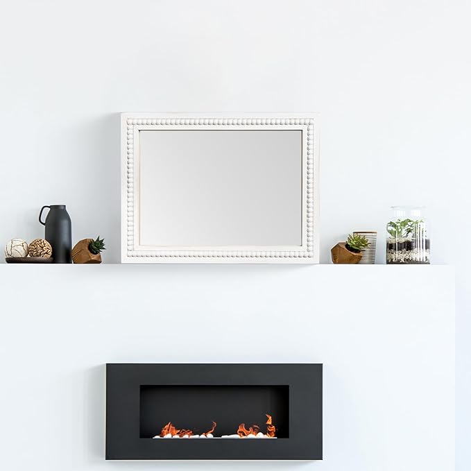 White Wood Beaded Frame Wall Mount Mirror, 12 x 16 Inches Modern Farmhouse Real Glass Horizontal/Vertical Hanging Mirror for Bathroom, Living Room, Entryway