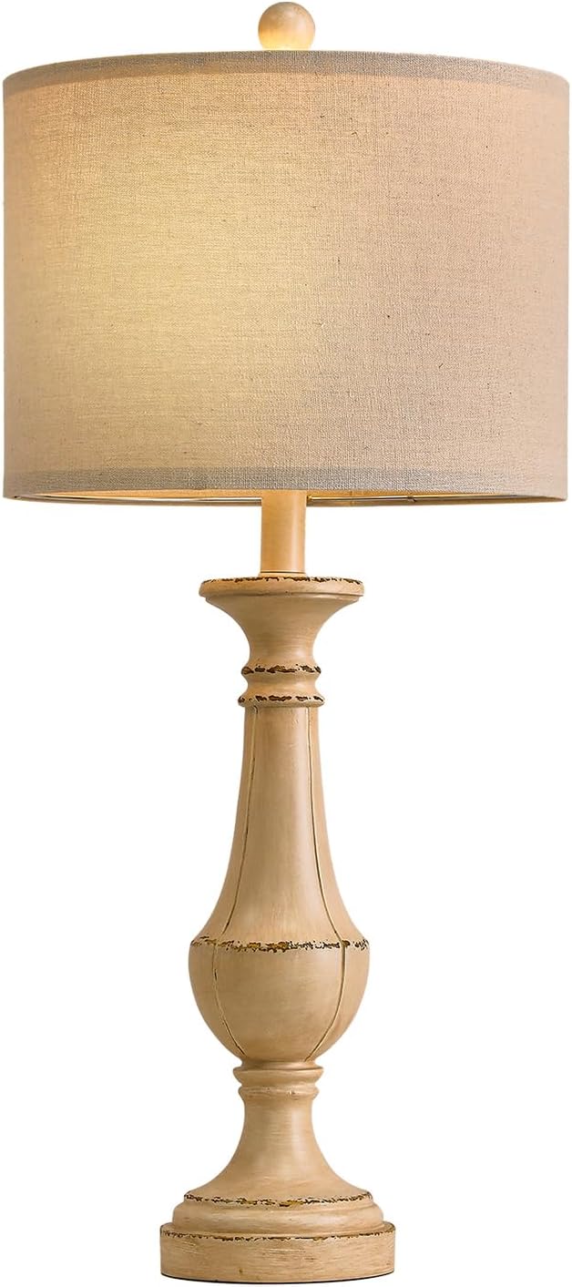 PoKat 27.5" Farmhouse Table Lamp for Living Room, Mid Century Tall Table Lamp for Bedroom, Bedside Lamps for Night Stands, Wood Bedroom Lamp for End Table, Traditional Lamp, Distressed Washed White