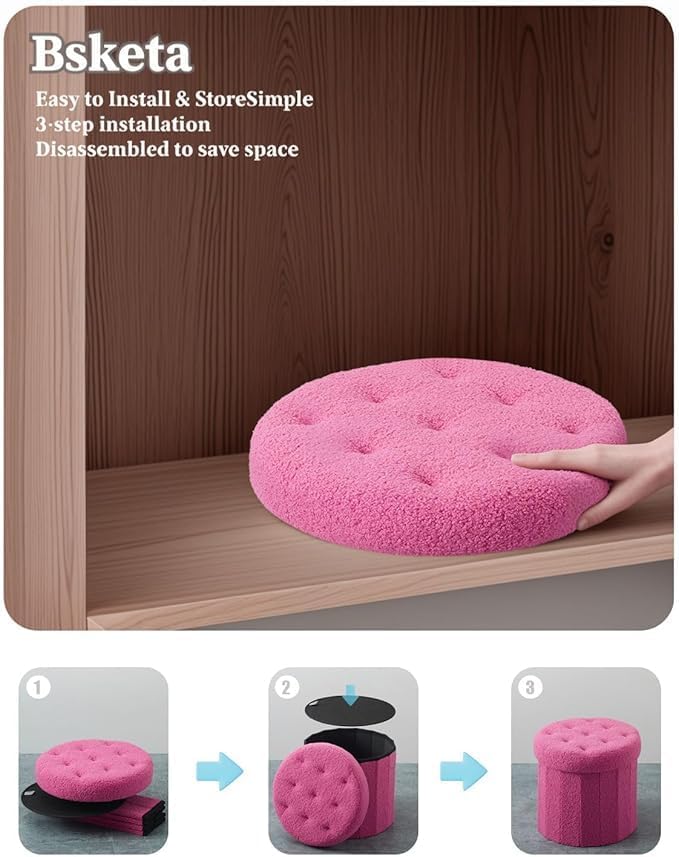 Ottoman with Storage, Foot Rest Stool with Thicker Foam Padded Seat Teddy Velvet Small Round 14“ x 14” x 13 "Inchs Storage Ottoman Bench for Living Room Foldable Pouf Coffee Table 2 Pack, Pink