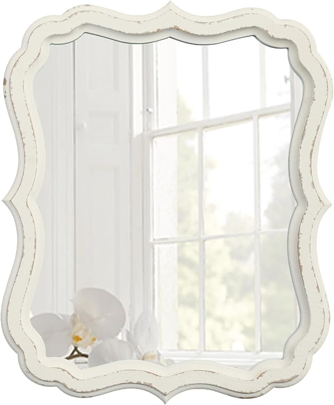 Rustic White Small Scalloped Wall Mirror 12" x 15", Mirror Wall Decor, Decorative Wall Mounted Mirrors, Bathroom Mirrors for Vanity, Distressed Finish Vintage Wall Mirror for Living Room