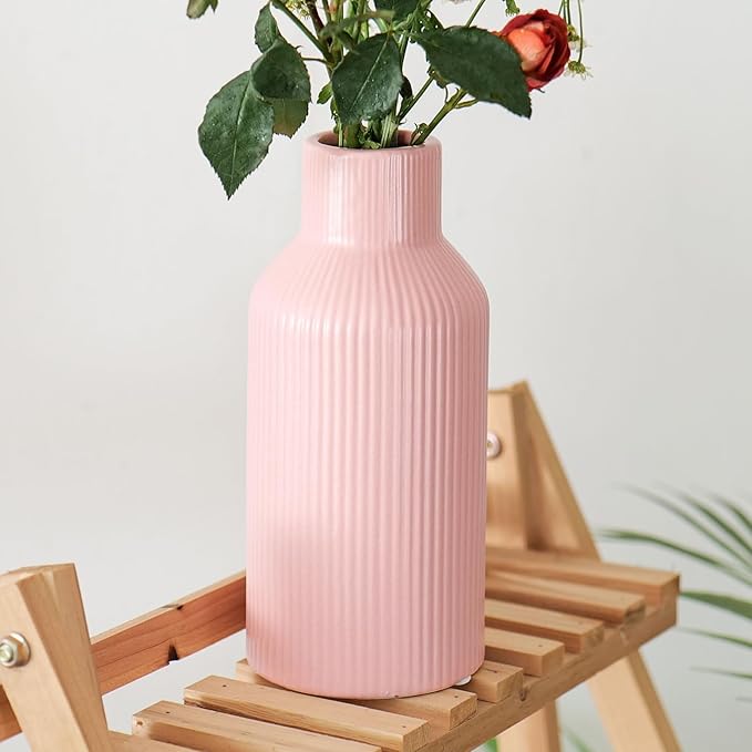 Pink Ceramic Flower Vase, Pampas Grass Small Vase for Decorating, Dining Table, Shelf Decor, Mantel, Entry Decor and Centerpieces, Minimalist Modern, Bohemian, Suitable for Any Style (8 in)