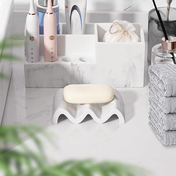 Luxspire Marble Shower Soap Dish - Self-draining Soap Tray, Sponge Holder - White