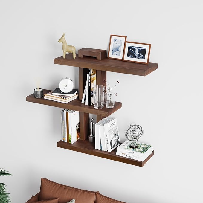 Variable Wood Floating Shelves Set of 3, Wall Cube Shelves 28.35" Max, Wall Shelves for Living Room Bathroom Bedroom - Light Walnut Color - 28.35" x 23" x 5.9" Max