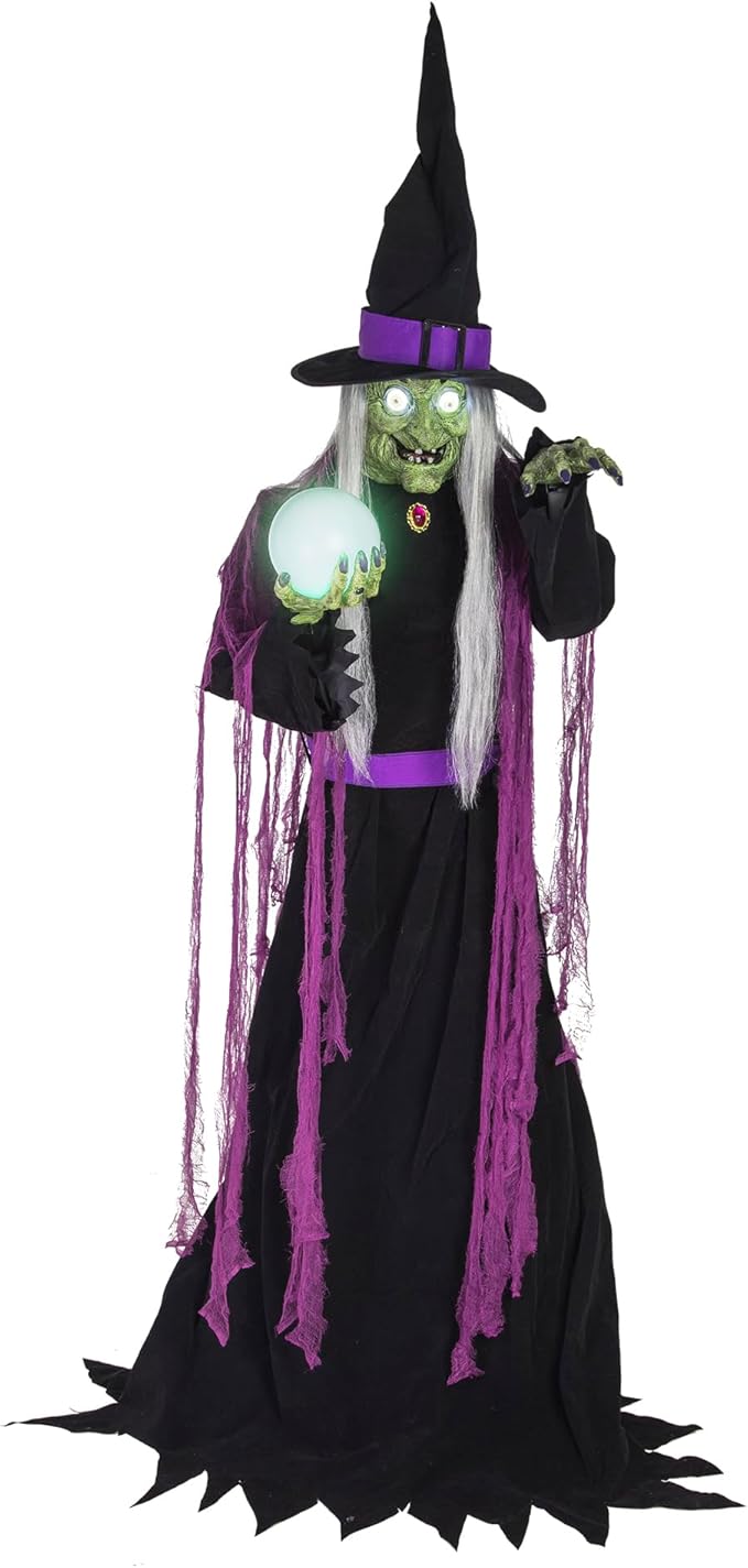 Haunted Hill Farm 6-Ft. Tall Fortune Teller Witch, Plug-in Motion-Activated Talking Scare Prop Halloween Animatronic for Indoor or Covered Outdoor Creepy Decorations
