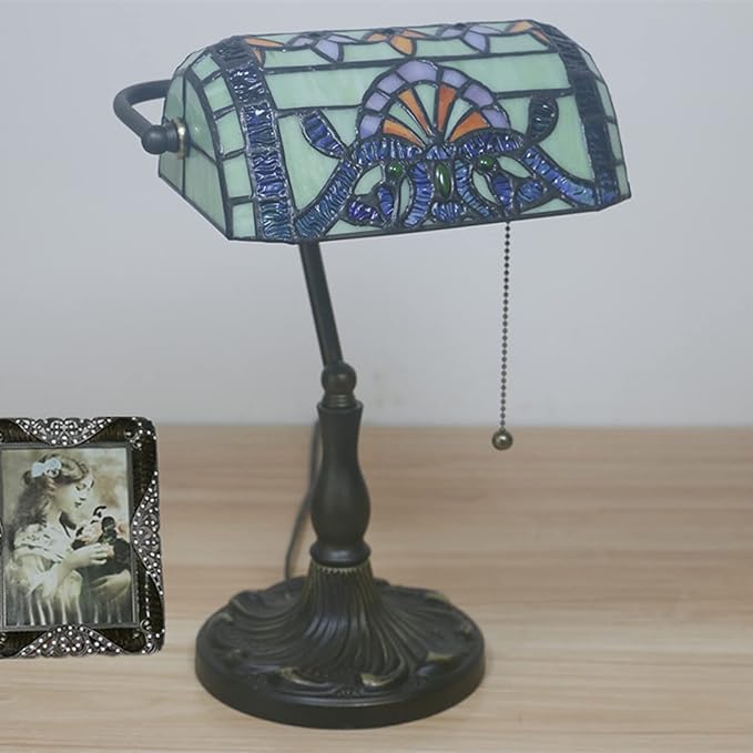 Tiffany Style Bankers Table Lamp Stained Glass Piano Desk Lamp Vintage Bedroom Bedside Lamp for Study,Antique Alloy Base,Zipper Switch,Green Baroque b