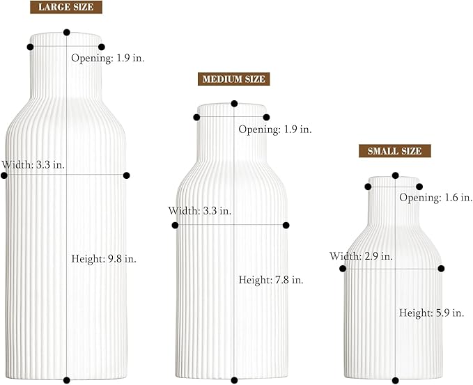 White Ceramic Vases Set of 3,Farmhouse Decor, Home Decor, Pampas Grass Vases for Kitchen, Bedroom, Office, Living Room, Bathroom, Wedding, Entryway, Table Centerpieces, Gifts Women Mom