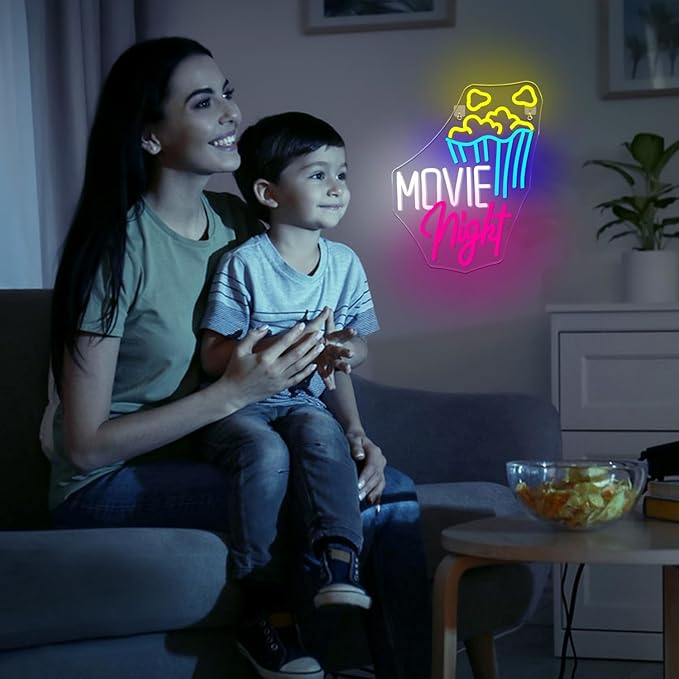 Lucunstar Movie Night With Popcorn Neon Sign, Room Lights for Wall Decor, Dimmable USB Neon Lights for Party, Theater Decor for Home