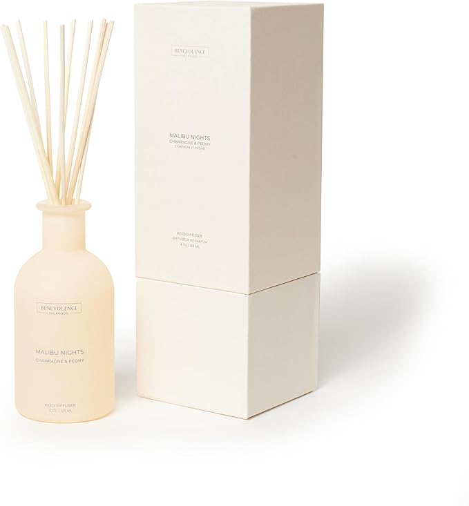 Benevolence LA Reed Diffuser - Champagne & Peony | Luxurious Home & Bathroom Decor | Long-Lasting Scent Diffusers for Home - Malibu Sands Collection