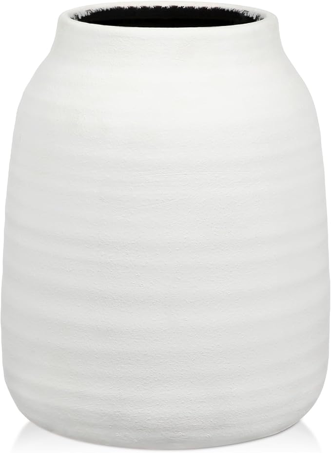 Briful 7.1in Rustic Shabby Ivory Ceramic Vase, Vintage Farmhouse Decor, Whitewashed Terra Cotta Antique Pottery Pampas Vases for Home Living Room Kitchen Mantel Table Shelf Decorations