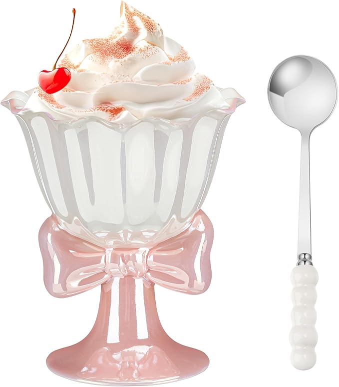 Yungyan Pink Bow Ice Cream Cup with Pearl Glaze Ceramic Bow Knot Cute Coffee Mug with Stainless Steel Pearl Spoon Coquette Stuff Preppy Aesthetic Gift Set for Women Holiday Birthday