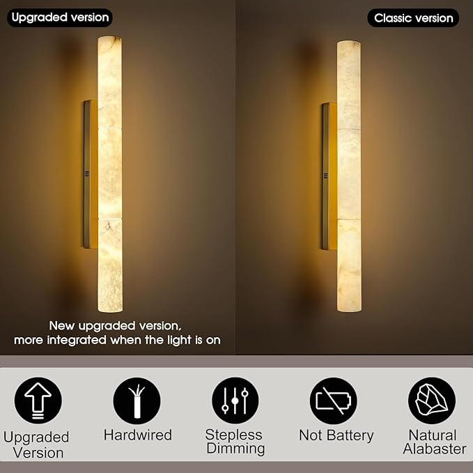 Brass Alabaster Wall Sconces, 36" Large Marble Wall Sconce, Hardwired Gold Wall Sconces Interior, Stone Wall Sconce Dimmable, Alabaster Wall Lamp for Living Room, Bathroom, Bedroom, Hallway-Upgraded