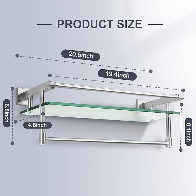 Glass Bathroom Shelf with Towel Bar, Stainless Steel Tempered Towel bar/Track Glass Bathroom Shelves Wall Mount Over The Toilet (Brushed Nickel, 20-inch)