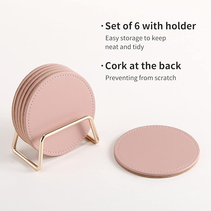 CASEGRACE Drink Coasters with Metal Holder Stand Set of 6, PU Leather Absorbent Coasters with Cork Base Table Coaster Set Decorative Coffee Cup Coasters Housewarming Gift for Home Decor