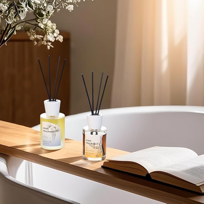 Reed Diffuser - Linen&Sea Guaiac Wood 4.06oz (120ml) 2 Packs Essential Oil Reed Diffuser Set with 16 Sticks, Long Lasting Fragrance for Home, Bathroom, Bedroom, Room, Decor