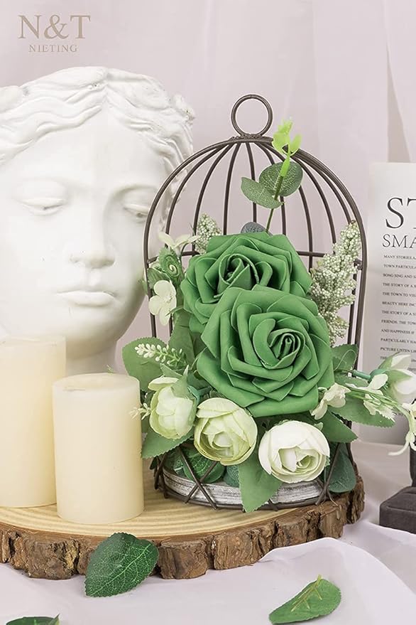 N&T NIETING Roses Artificial Flowers, 25pcs Artificial Flowers Foam Flowers with Stems for DIY Cake Decoration Wedding Party Home Decoration, Army Green