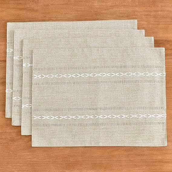Wracra Cotton Linen Placemats, 12 x 18 Inch Set of 6 Placemats Rustic Hemstitch Place Mats for Kitchen Table and Heat Resistant-Hemstitch Coffee